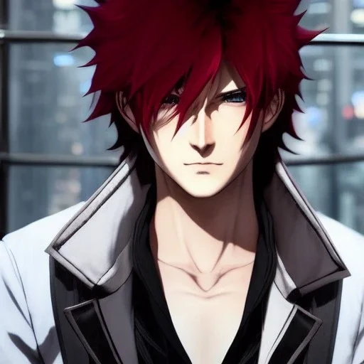 Detailed anime boy, crimson red hair, long classic taper hairstyle, dante dmc5 hairstyle, wolf ears protruding out, white trench coat, intricate details, full body portrait, keep head in frame, slight smile, black Japanese motif, concept art, highly detailed, digital painting, concept art, sharp focus, illustration, art by Yoji Shinkawa, WLOP and greg rutkowski and alphonse mucha and artgerm and yanjun Chen and Junji ito and Makoto Shinkai, HDR, octane render, highly detailed