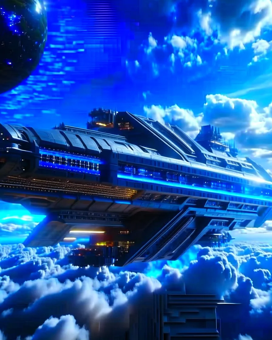 Nave intergalactica futurista ciencia ficción, calidad ultra, hiperdetallado, maximalista,, cielo con nubes pequeñas, 8k, cuerpo completo