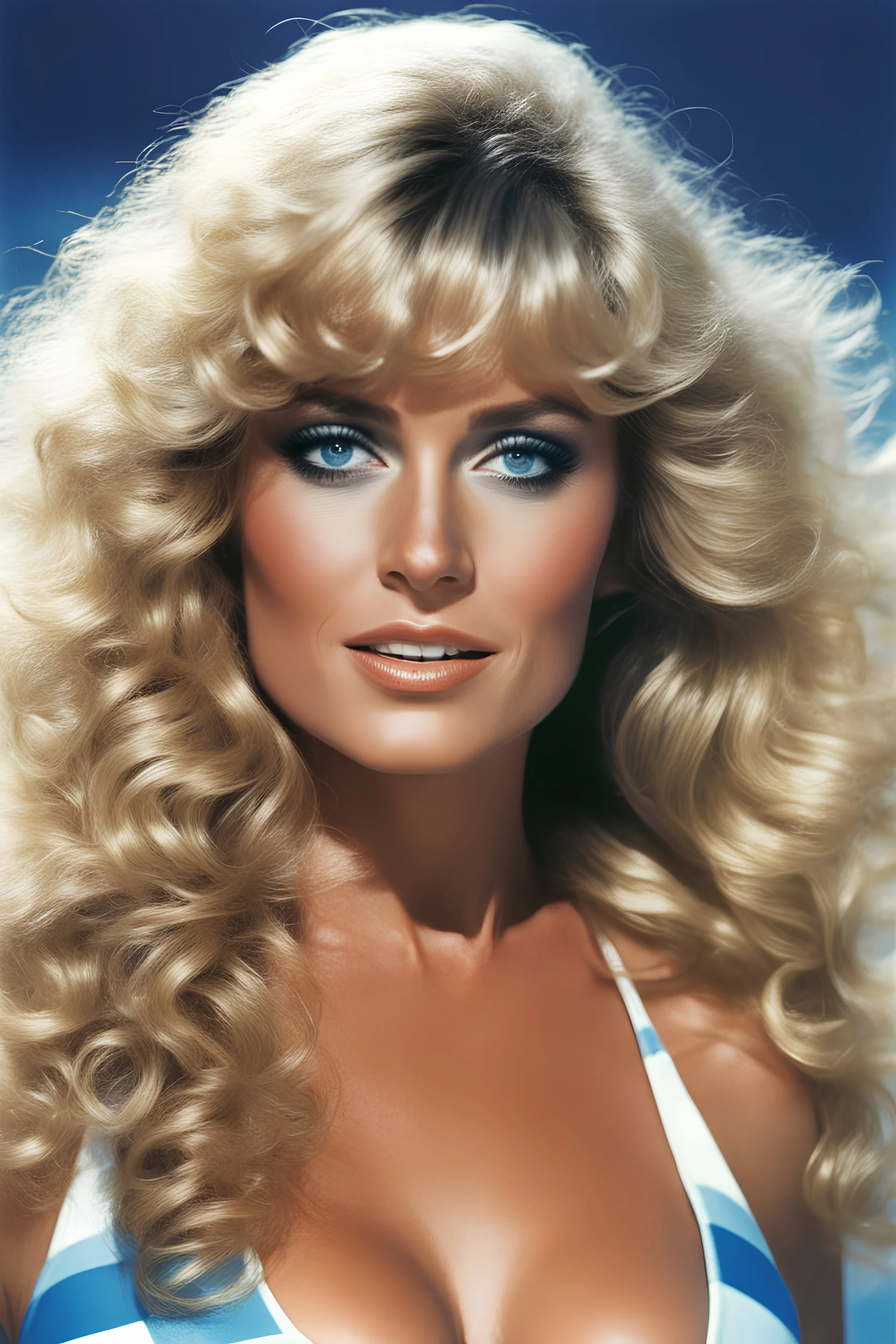 Farrah Fawcett with extremely wavy curly, blonde hair and blue eyes, posing for her famous swim suit poster