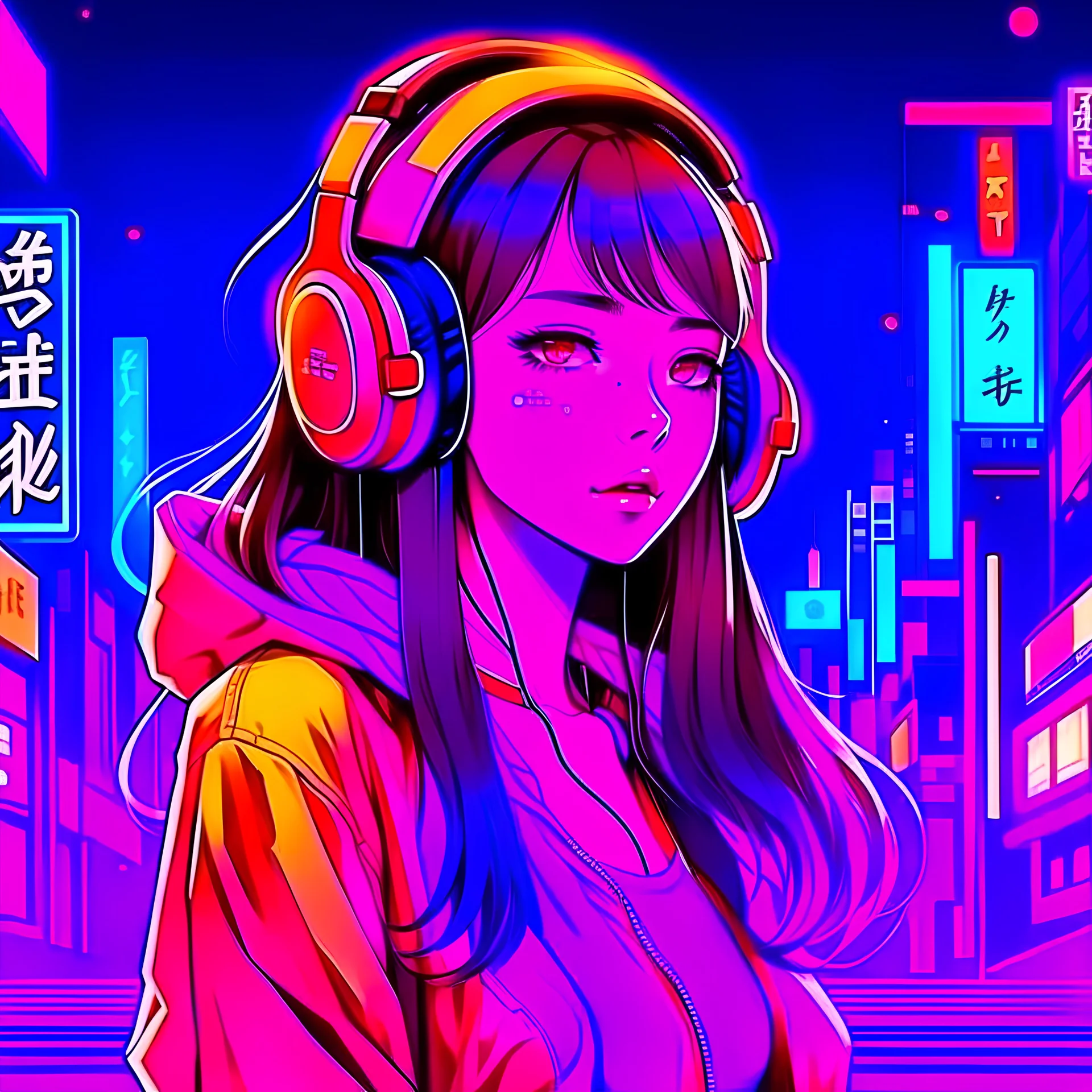 ネオン日本, anime girl, headphones