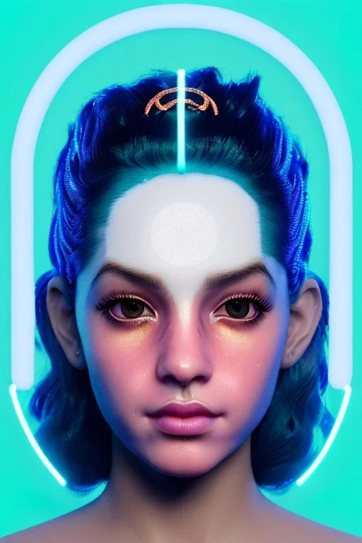Rosalía, artist, 30 years old, Realistic, waist up portrait. Eyes, make up, glow, circle iris, eye liner. Hair, pigtails. make up, glow. lips, gold. big rings piercing, led ornament, pearls. Coat, smile pin, inflatable latex, cold, led lights, minimal, neon, pink, blue, gold, vibrant color, highly detailed, art stations, concept art, smooth, unreal engine 5, god lights, ray tracing, RTX, lumen lighting, ultra detail, volumetric lighting, 3d, finely drawn, high definition, 4k.