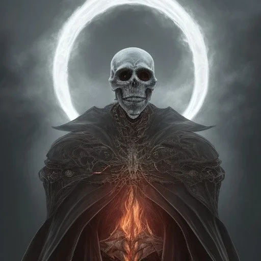 A skeletal man with fiery eyes, a black and leather dress, a long black cloak, sitting on a big, skeletal and fiery horse, full HD, 4K, 8K, magical, fantasy, 3D, symmetrical, detailed and complete painting