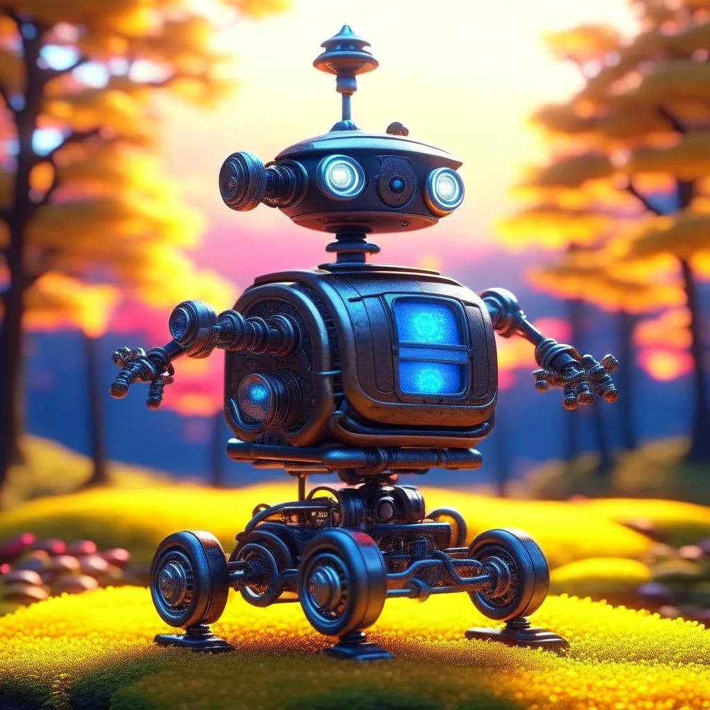 the cute adorable advanced carbon bot, on a carousel through the seasons, hills and trees, motion blur, 8k, downlight, soft light, depth of field, photorealism, trending on art station, lotsa detail