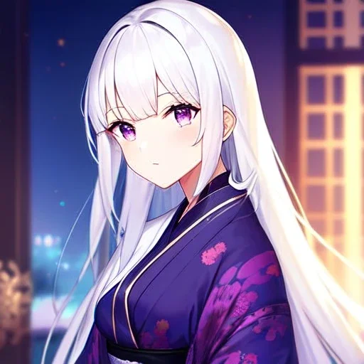 girl, masterpiece, best quality, volumetric lighting, detailed outfit, perfect eyes, white hair, purple eyes, long hair, kimono,