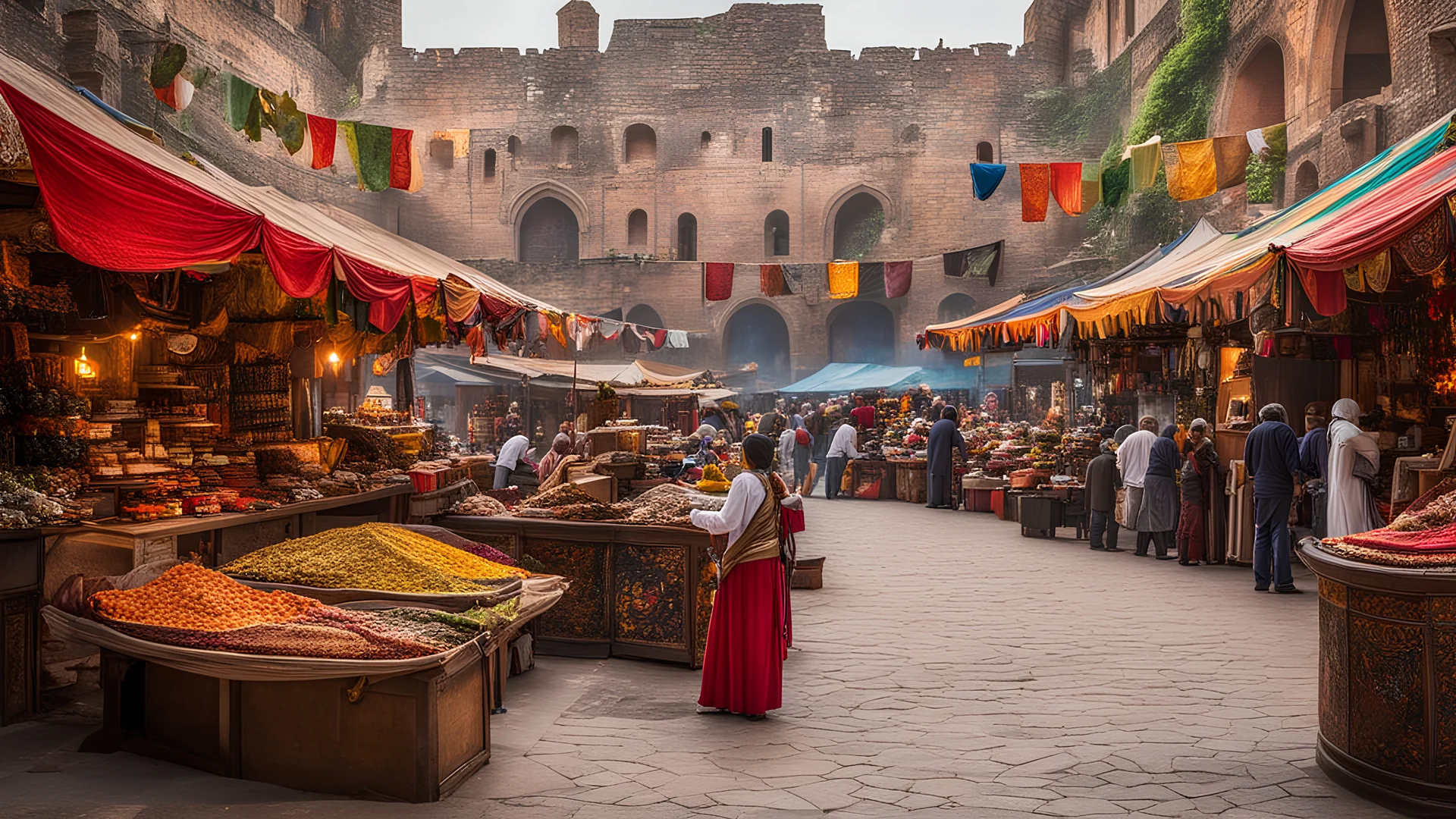 An ancient market square, bustling with activity, where merchants sell magical artifacts and mythical creatures. The stalls are decorated with vibrant tapestries, and the air is filled with the scent of exotic spices and the sound of mystical music. Award-winning photograph, 80mm focal length, rule of thirds.