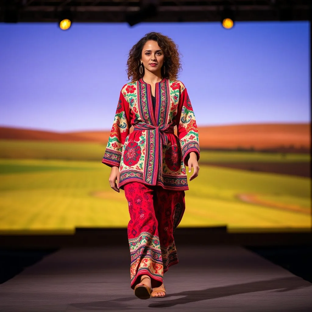 A full-body shot of a beautiful lady wearing azeri folk jacket and pants , curvy hair walking on a nice stage and looking at the camera