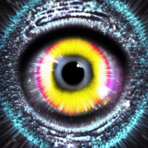 Photorealistic cyborg eye with the iris as a galaxy and the pupil as a black hole.