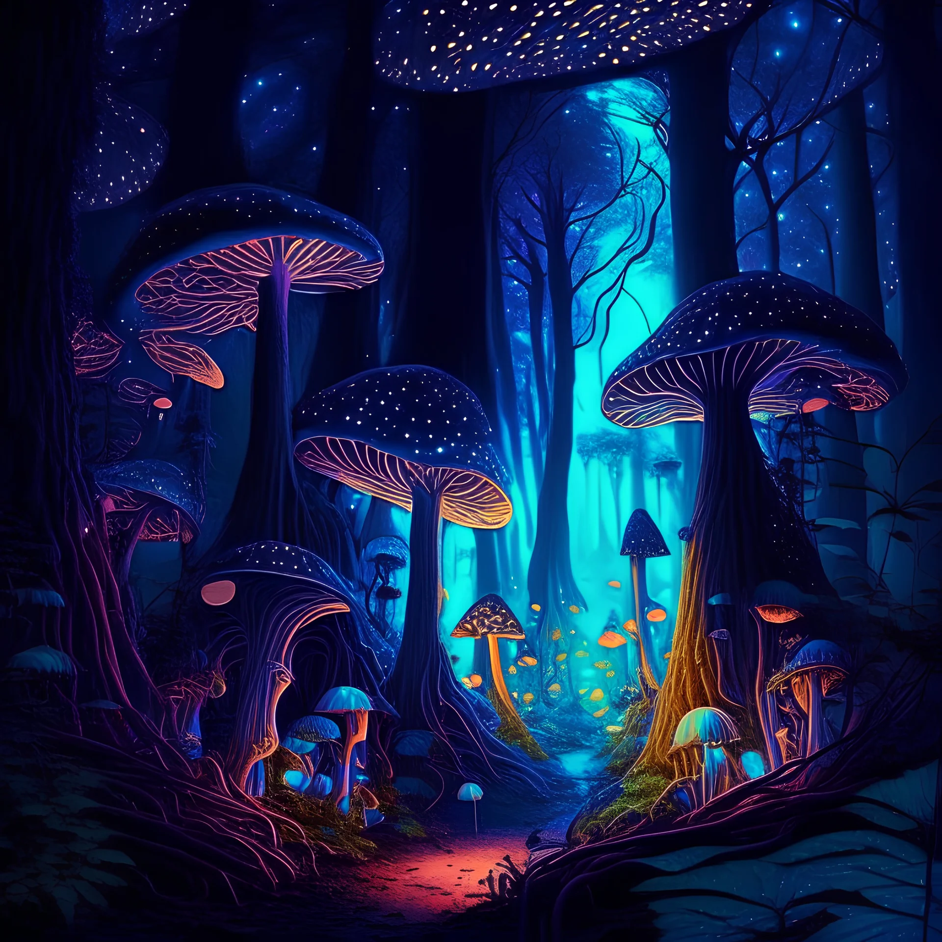 Mysterious forest, magic mushrooms, fairies, psychedelic night, beautiful