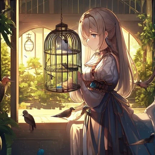 anime girl locked inside a bird cage, trying to break free of her burdens inside her