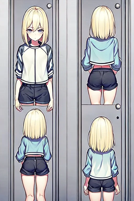 blonde girl with short jacket and shorts runs in a corridor in front at a mystery door, back view, line arts, manga style