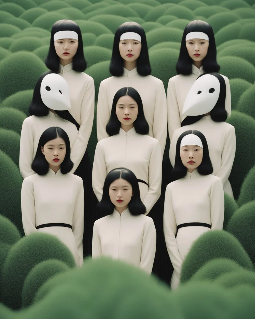 a group of women with mask standing on top of a lush green hillside, inspired by Ren Hang, design milk, long black hair, whites, wanderers traveling from afar, trending on artisation, cloning spell, coat pleats, in twin peaks, submarine, by Helen Thomas Dranga, symetry, round-cropped, noire photo