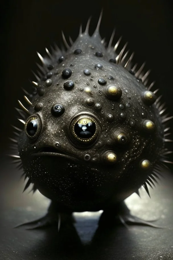 Solid spherical creature, four black eyes, very small mouth, lighting body, The creature is iron, high details, stunning realistic photograph