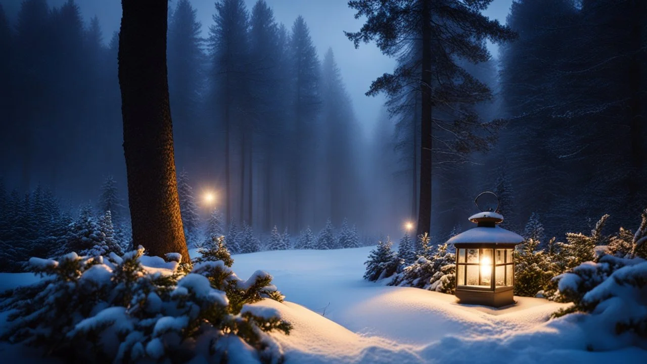 fir forrest scenery, heavy mist,valley,creek,forest,christmas lanterns,tree,,nature,night,snow,fir tree,high-quality photograph,photorealistic, shot on Hasselblad h6d-400c, zeiss prime lens, bokeh like f/0.8, tilt-shift lens 8k, high detail, smooth render, unreal engine 5, cinema 4d, HDR, dust effect, vivid colors,night