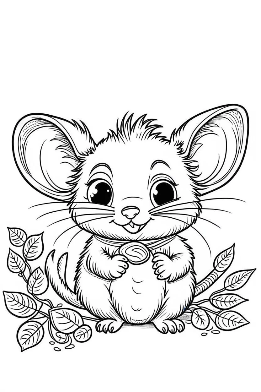 cute coloring page, sketch style, cute baby mouse in the wood, cute cartoon, white and black, withe background, no shadows, outline.