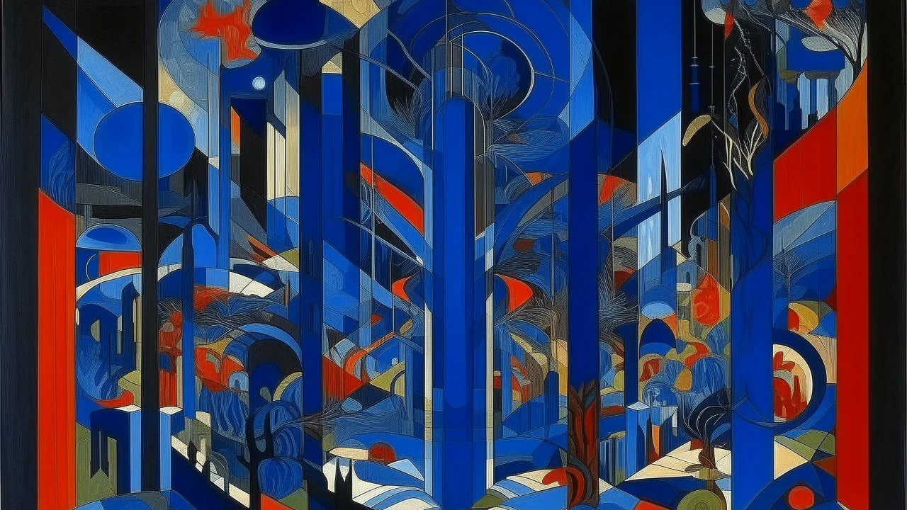 A dark blue chaotic realm with pixies painted by Frank Lloyd Wright