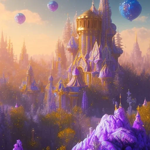 blue gold and violet landscape with multicolored crystals falling from the sky, full of details, smooth, bright sunshine，soft light atmosphere, light effect，vaporwave colorful, concept art, smooth, extremely sharp detail, finely tuned detail, ultra high definition, 8 k, unreal engine 5, ultra sharp focus