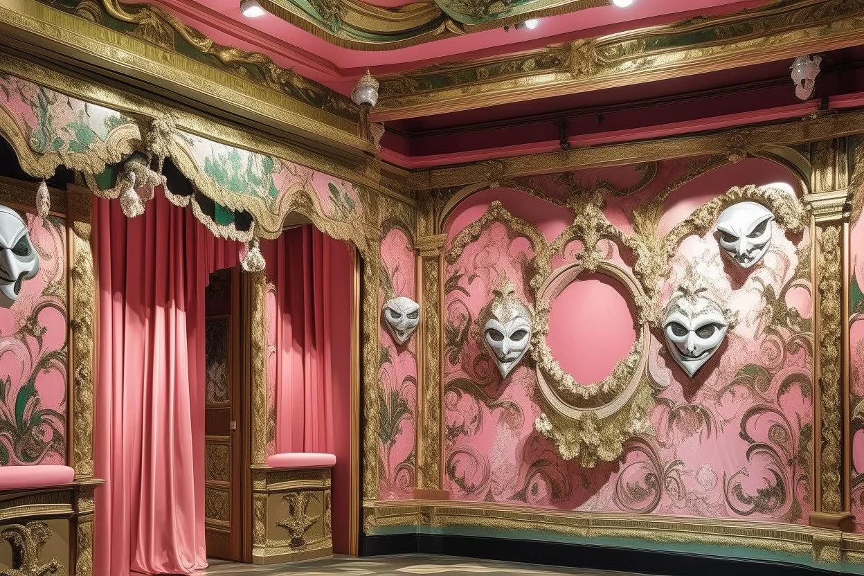 A light pink magical theatre with drama masks painted by Claude Monet