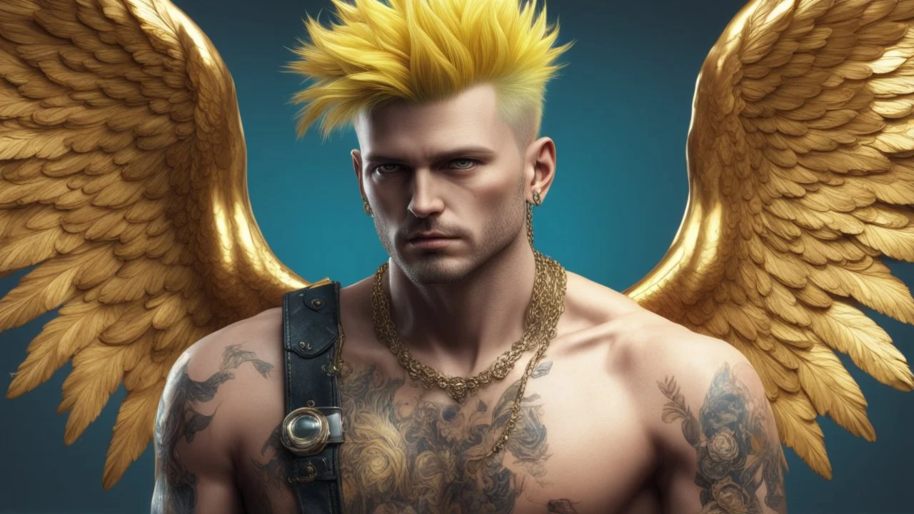 punk man 35 years old angel, fine rendering, high detail, 8K, bright colors, HD photography, gold, apple