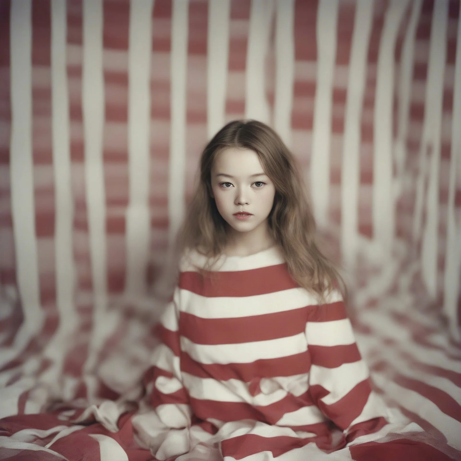 devon aoki, in a bedroom, autochrome, wallpaper with red and white stripes