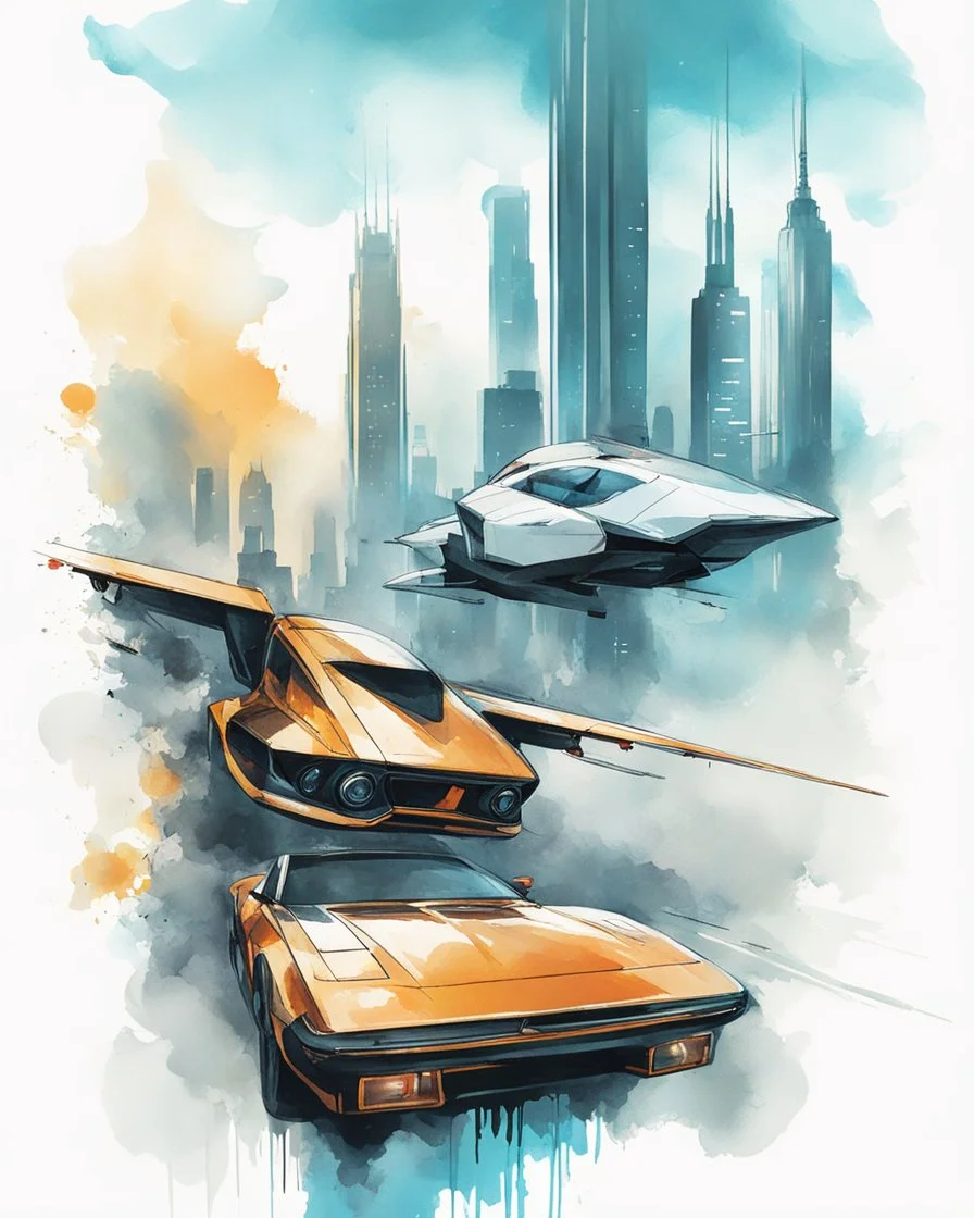 vector t-shirt design, minimalistic ink drawing style, vanishing point on white paper, water color splash, A futuristic cityscape with flying cars soaring between skyscrapers. Digital art, Cyberpunk. In the artistic vision of Linus Martell., painting, illustration