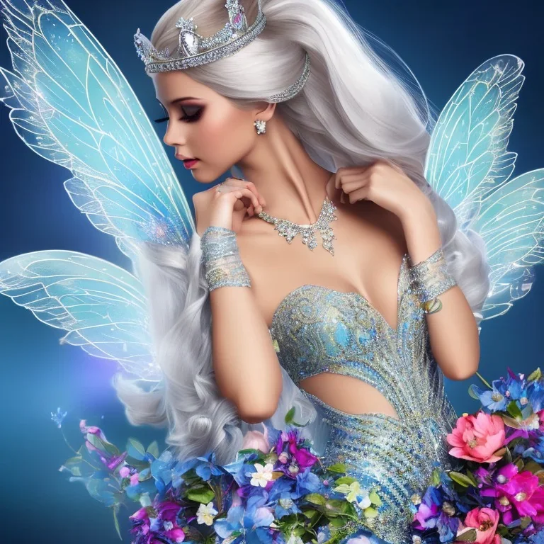 Fantasy fairy with transparent wings, smiling, make up, long platinum blond hair with crown and flowers, blue dress, flower background