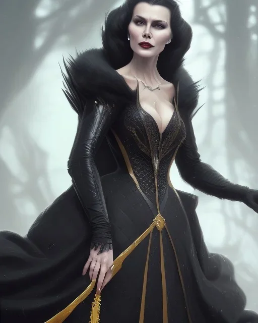 old evil queen in black leather gown, femme fatale, volouptous, busty, cleavage, angry, emperious, 8k resolution concept art portrait by Greg Rutkowski,