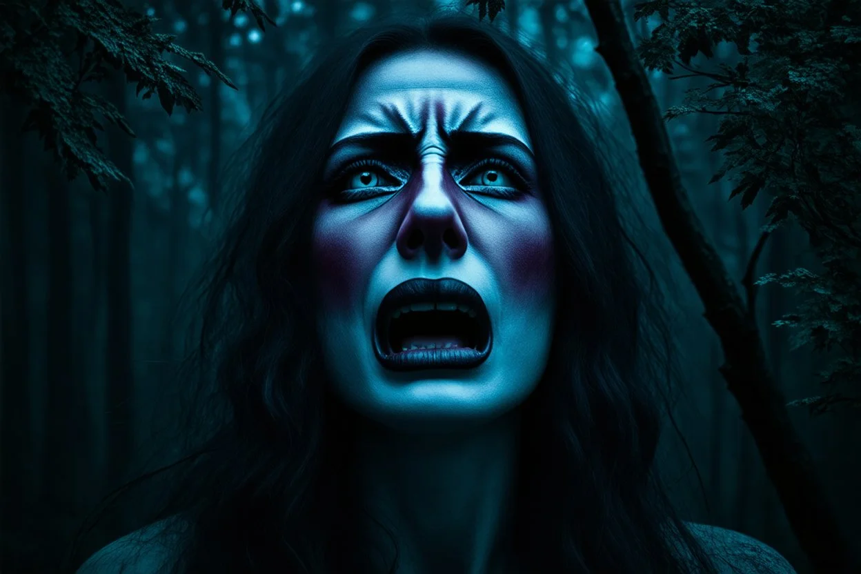 medium close human woman with nature face cry and howling, no makeup, pale face, pain, thriller, alone, dark colors, sharp focus, surreal , the attraction of the moon, faded colors, dark mood, surreal, dramatic atmosphere. intricate, stunning textures, mystic and dark mood