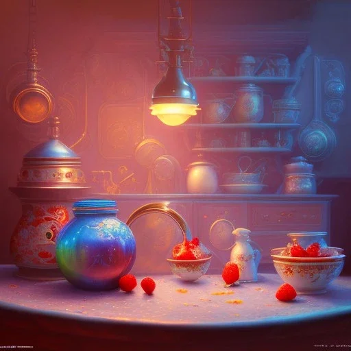 pixar style, realistic painting of a pretty housewife and a jar full with strawberry jam, kitchen in the background volumetric redand blue sky environment and background, volumetric lighting, dramatic lighting, detailed digital painting, extreme dense and fine, anime, ornate, colour-washed colors, elegant, small minutiae, tiny features, particulars, centered, smooth, sharp focus, renderman gofur render, 8k, uhd, detailed eyes, realistic shaded volumetric lighting, caustics, backlight