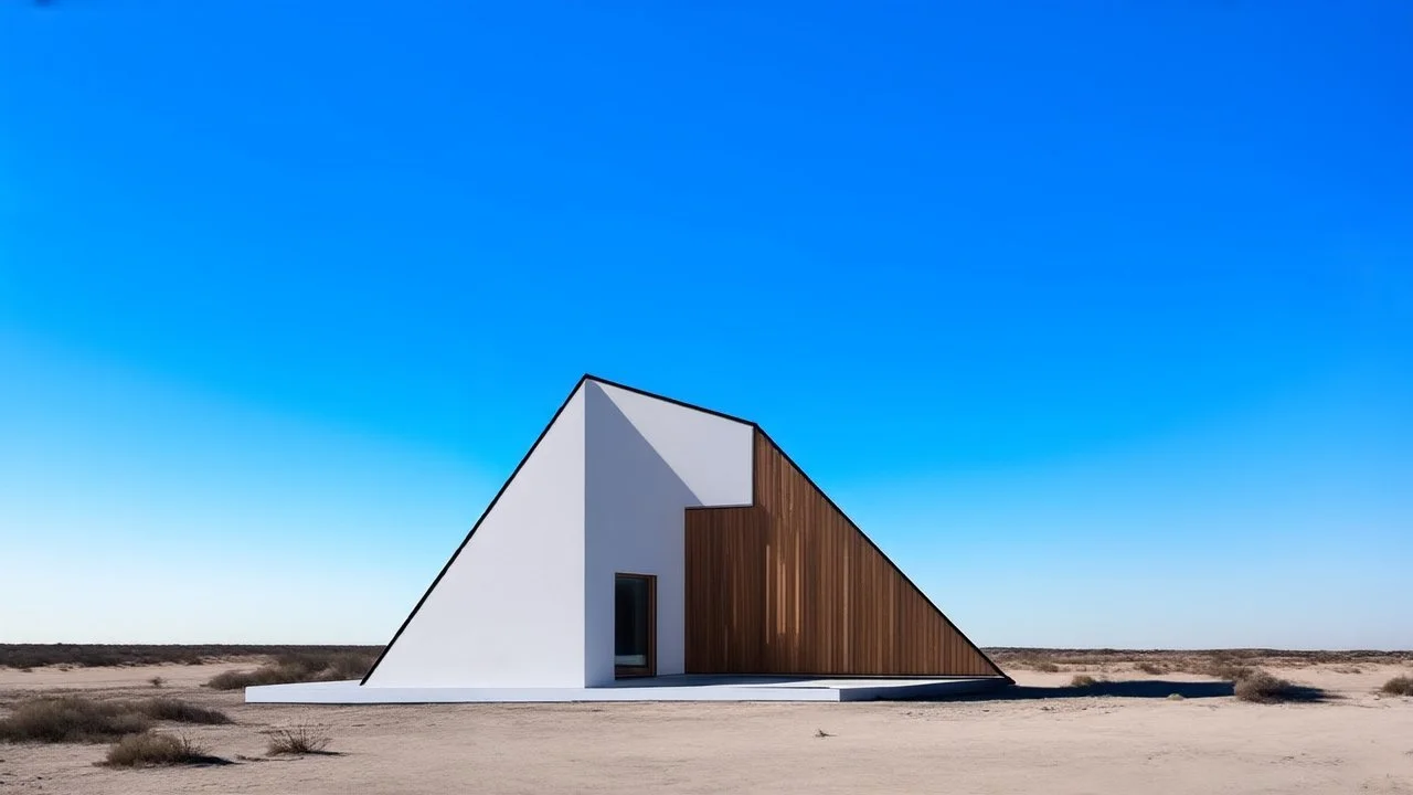 A modern, pared-down house with a geometric triangular structure standing alone in the middle of an arid, empty desert, incorporating wooden features and decor., cold blue neon color scheme, dramatic dutch light