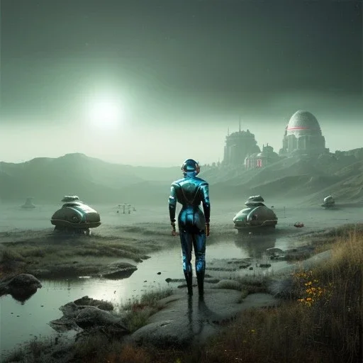 Ultra Realistic retro sci-fi scene, portrait, 2 blonde woman clones, sweet young Marilyn Monroe face, perfect iris, tight latex coat, helmet, Strange planet background. Spaceship, fog, rain, soft color, highly detailed, unreal engine 5, ray tracing, RTX, lumen lighting, ultra detail, volumetric lighting, 3d, finely drawn, high definition, high resolution.