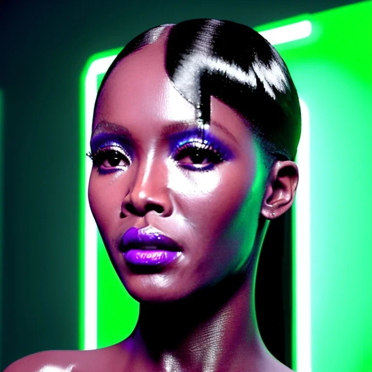 young naomi campbell, sweet replicant woman, blade runner style, rain, fog, neon ambient, gradient color, clean skin, circuits, latex coat, cyber punk, neon, tubes, portrait, studio photo, unreal engine 5, smooth color, 16 bit, god lights, ray tracing, RTX, lumen lighting, ultra deatail, volumetric lighting, 3d, finely drawn, hd.