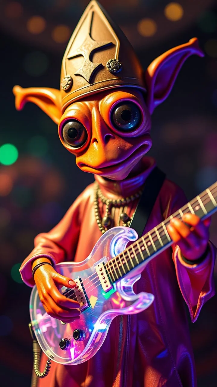 a psychedelic charming muppet show Mr Bean squid priest gremlin rock star with space laser transparent prismatic guitar in the style of Escher, bokeh like f/0.8, tilt-shift lens 8k, high detail, smooth render, down-light, unreal engine, prize winning