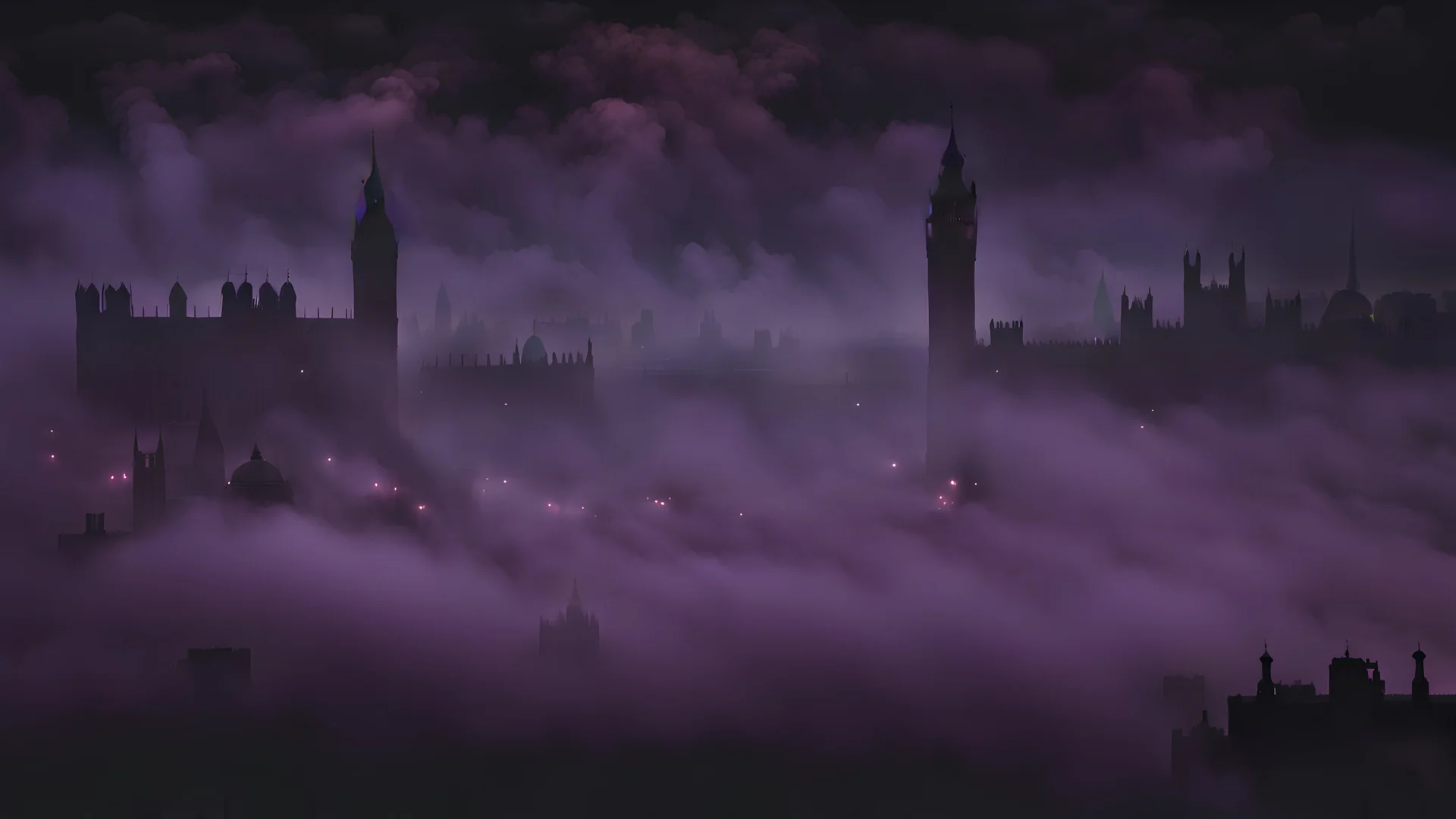 gloomy silhouette of London city from a far, wit big ben tower, Westminster abbey, in a gloomy pink mist and haze