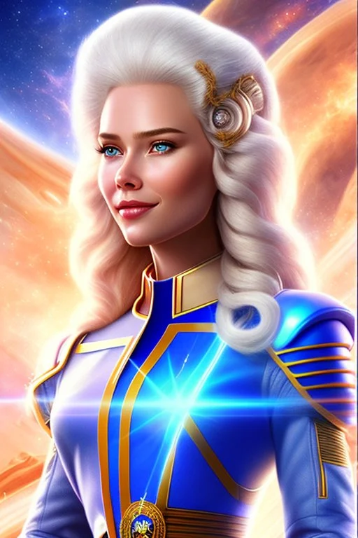 young cosmic woman admiral from the future, one fine whole face, large cosmic forehead, crystalline skin, expressive blue eyes, blue hair, smiling lips, very nice smile, costume pleiadian,rainbow ufo Beautiful tall woman pleiadian Galactic commander, ship, perfect datailed golden galactic suit, high rank, long blond hair, hand whit five perfect detailed finger, amazing big blue eyes, smilling mouth, high drfinition lips, cosmic happiness, bright colors, blue, pink, gold, jewels, realistic, real