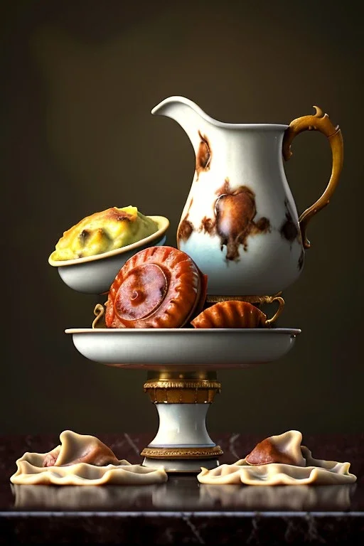 renaissance style still life composite, dish of Raviolis with cow meat, vine cup, olive oil. moisture, art, natural, ornaments, ceramic, marble, high kitchen, smooth, god rays, unreal engine 5, ray tracing, RTX, lumen lighting, ultra detail, volumetric lighting, 3d.