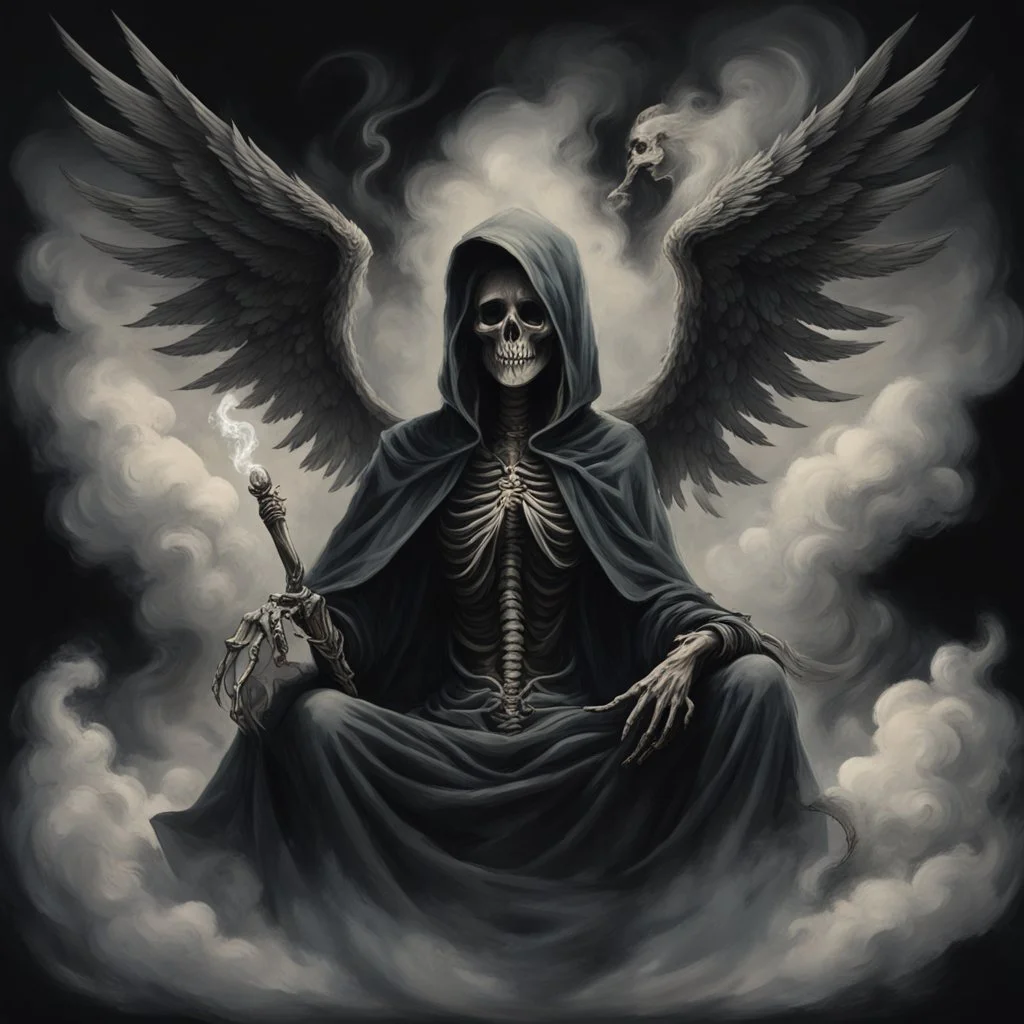 women sitting on a dark background. Her their face turned upwards and blows cigarette smoke from their mouth, The dominant colors are black and gray. It depicts a figure with wings emerging from its back. a hooded skeleton can be seen behind the clouds of smoke. he holds a scythe in one hand and a touch person in the other