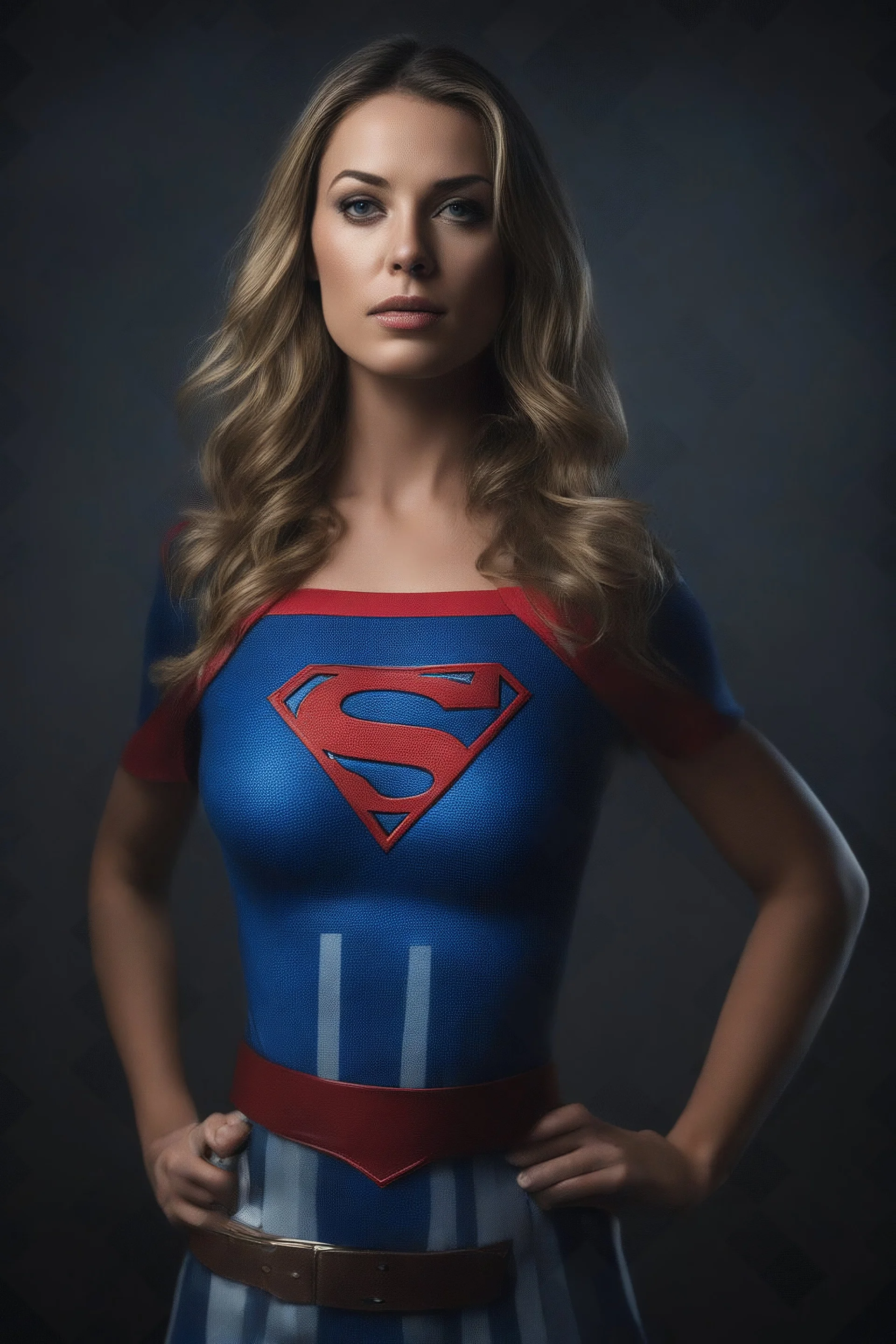 Supergirl, Realistic Stock Photo, ProtoVision, Realism Engine, RealVis XL, Zavy Chroma XL. facial portrait, chiaroscuro, deep shadows, rich deep colors, highly detailed portrait, Kara Zor-El, large jugs, blue and white-striped nylon, short sleeved, pullover, mini dress with a belt, 21-years-old, full color, expression of extreme happiness, hope and positivity, 4k UHD, Ultra-realistic, Hyper realistic, Photorealistic, Realistic, absolute Reality,