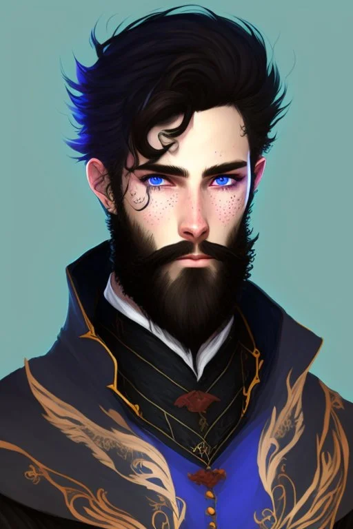 Black haired blue eyed freckled young male warlock in the style of aubrey beardsle