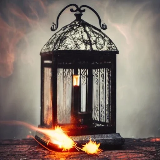 polaroid of swirling embers inside a wrought iron lantern, luminescent glow, moody, tender, photorealistic, curling steam and smoke