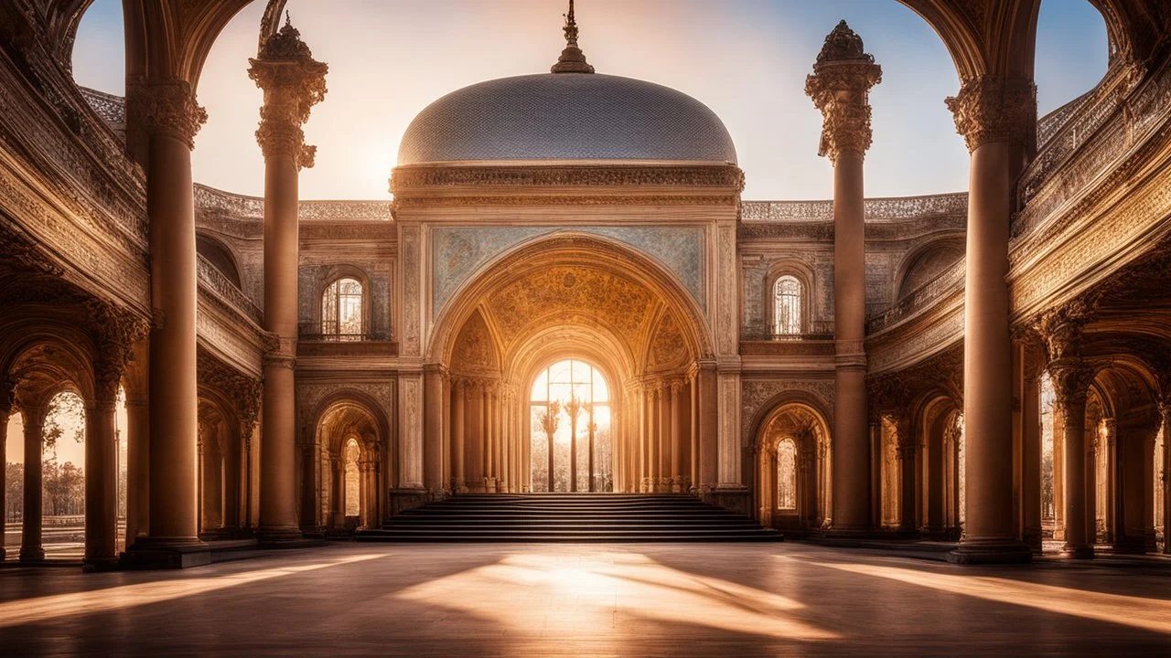 614, delightful, sensitive, confident, parabolic palace with cusps, delicate, sunrise, architecture, award-winning photograph, beautiful composition, filled with beautiful detail, delicate colour, chiaroscuro