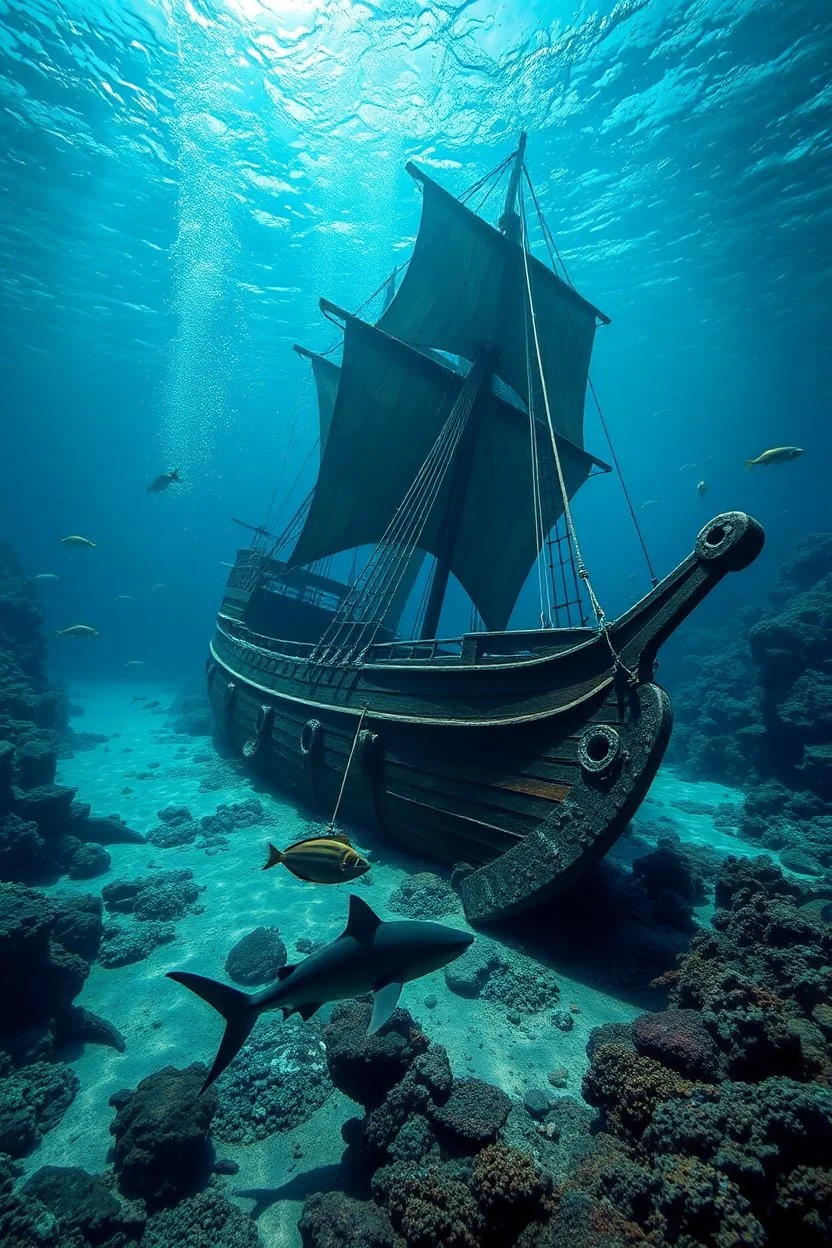 sea in spac a pirate ship sank under water laying on one side and sharks and fish swimming around