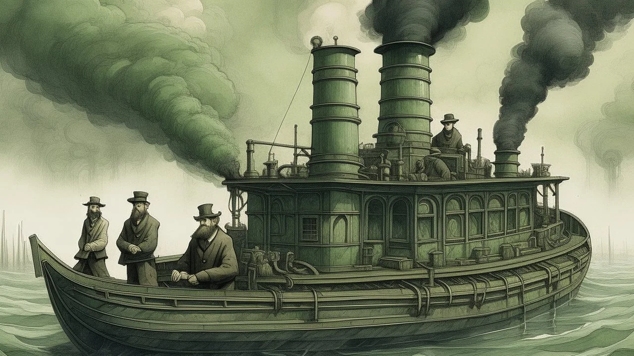 Illustration of a river boat with three men on board, set against a misty, overcast sky. The boat is painted in muted greens and browns, with a tall smokestack emitting dark smoke. The boat is equipped with a forward-mounted weapon and a complex array of mechanical components. The first man, around 50 years old, stands near the front of the boat, wearing a tan jacket and brown pants. The second man, around 45 years old, is inside a glass-enclosed cockpit, wearing a pilot's cap and jacket. The th