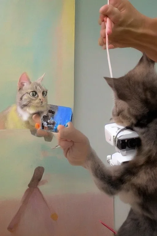 painting cat taking a picture with a camera