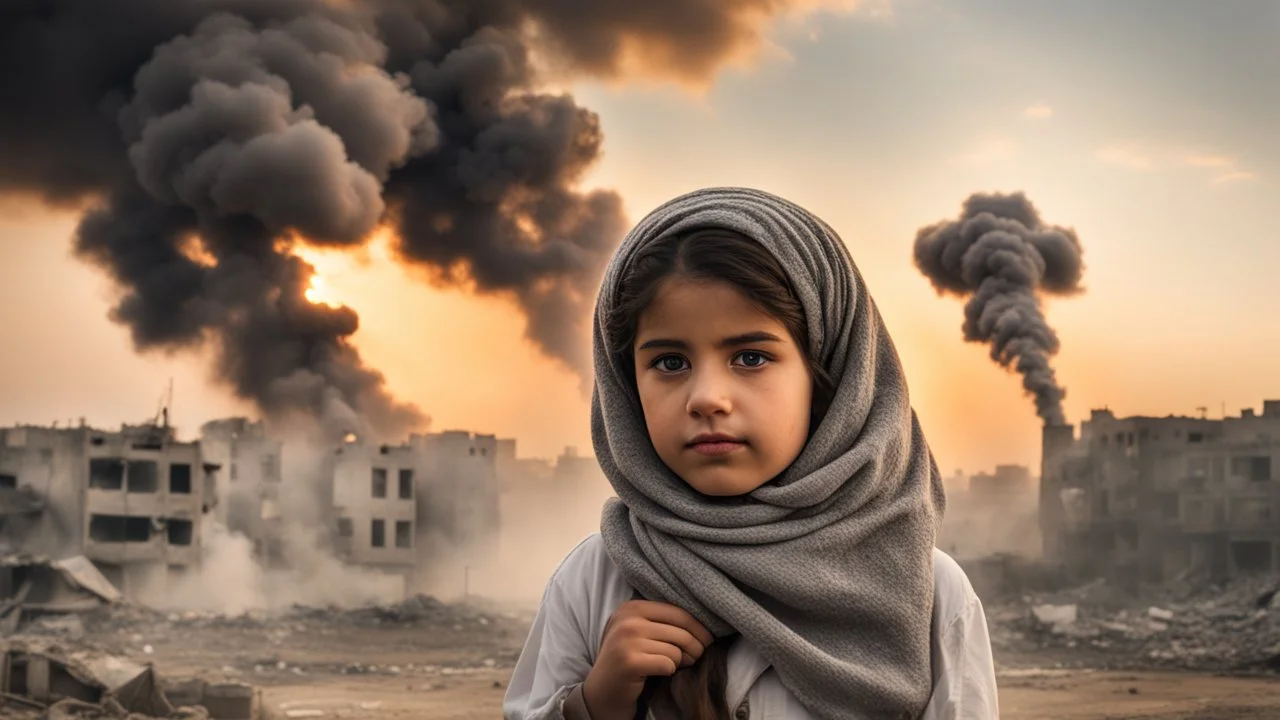 close young palestinian girl with a kuffeah. Large clouds of smoke rise from the land of gaza . With demolished buildings in the background. with sunset colors Made in the palestinian style