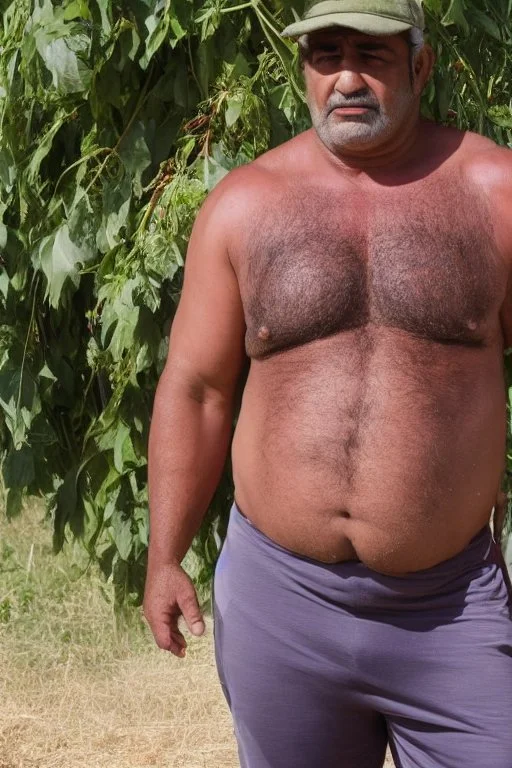 full body of a 50 years old muscular chubby arab farmer shirtless with a very big bulge and hairy under the sun near a tractor hyper-realistic