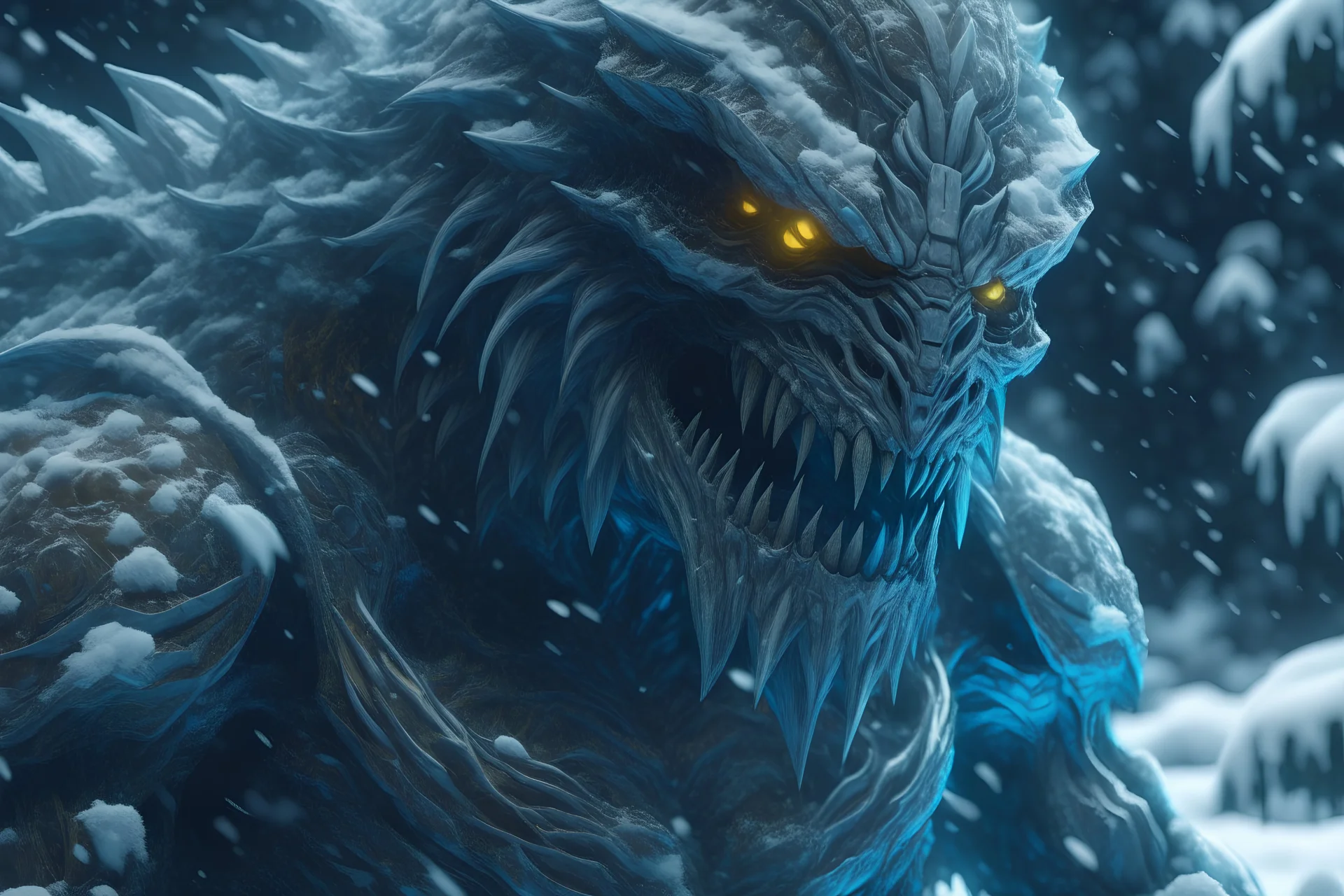 Snow monster in 8k solo leveling shadow artstyle, machine them, close picture, rain, intricate details, highly detailed, high details, detailed portrait, masterpiece,ultra detailed, ultra quality