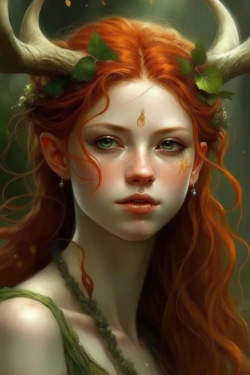 pretty girl, aged 17, ginger, conventionally attractive, realism, dreamy, tight top, faun, satyr