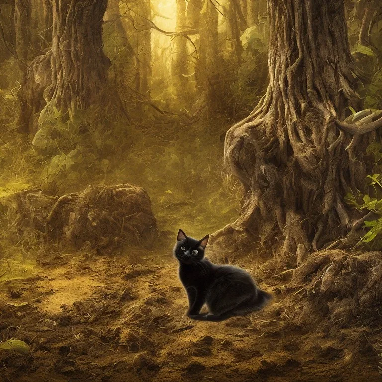 a black cat rolling in the forest turning brown by the mud