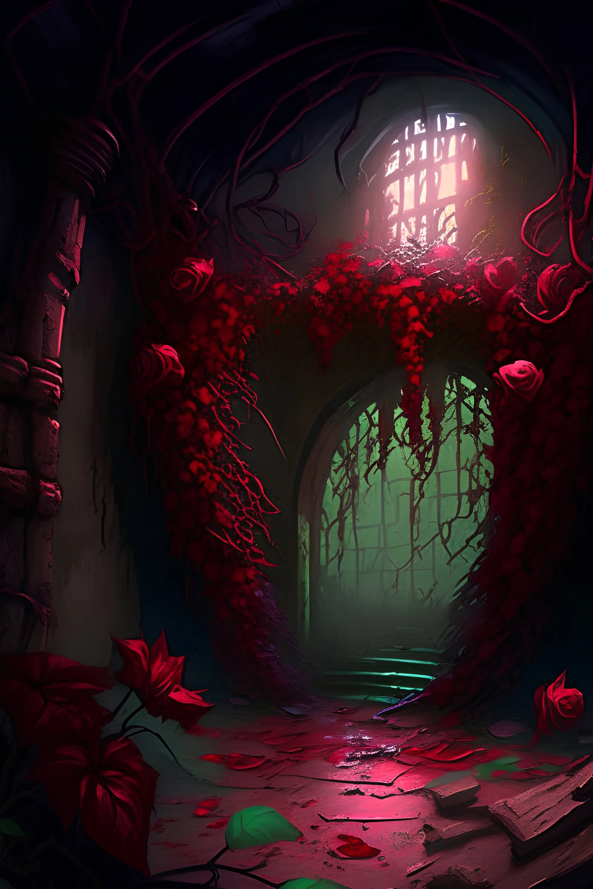 Abandonedteampunk dungeon room in overrun with vines and red flowers painterly fantasy rpg art