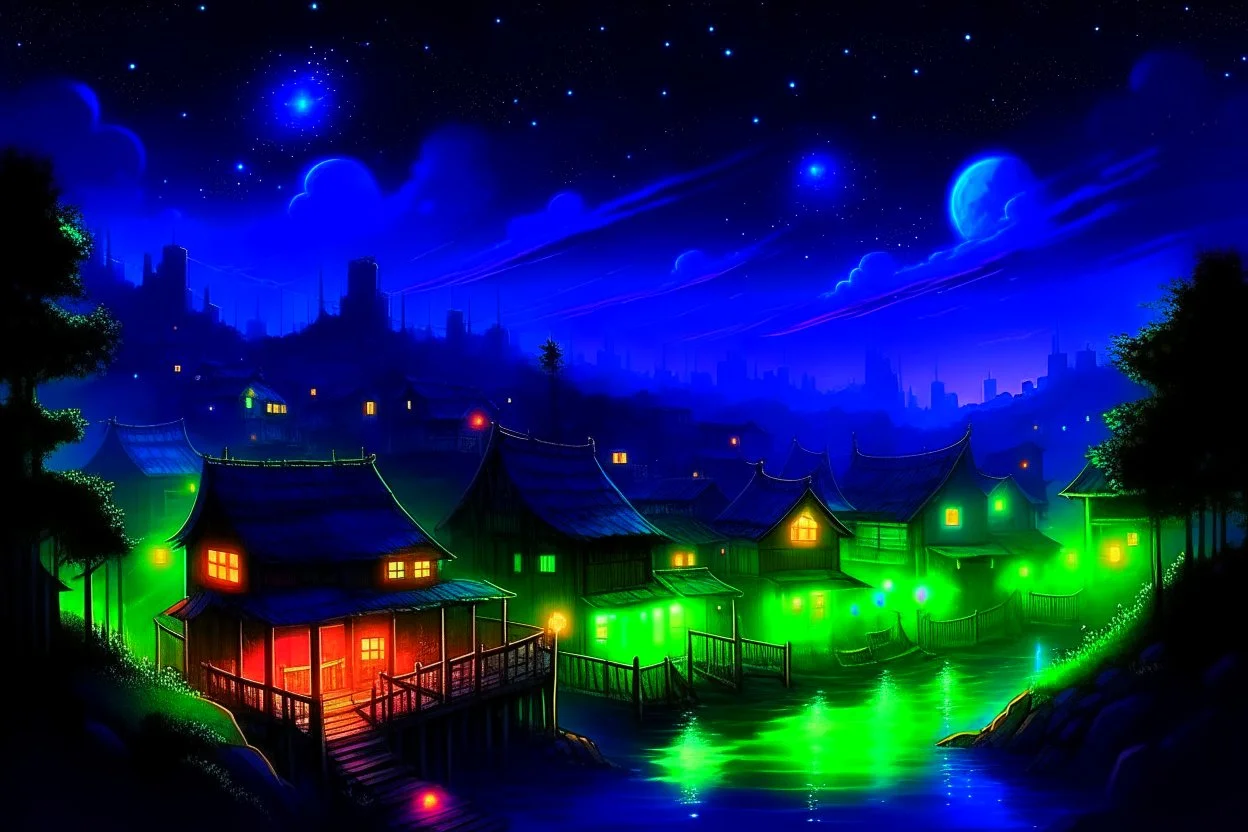 bioluminescent rasin village at night in starshine